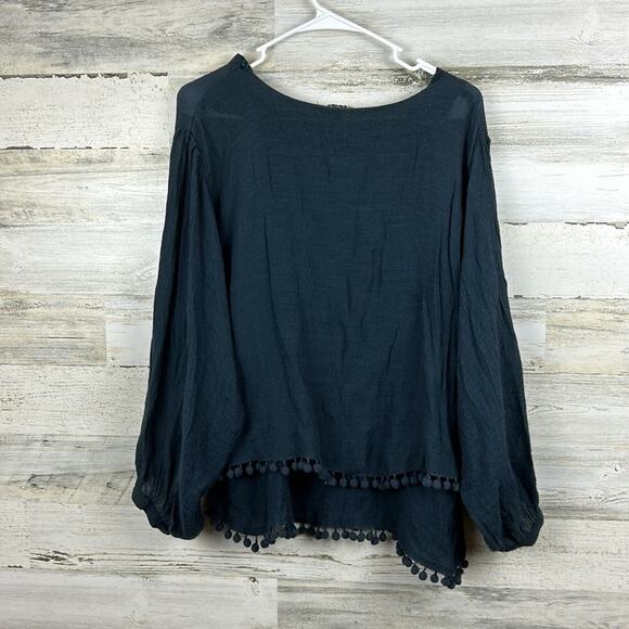 Umgee Women’s Medium Navy Blue Boho Layered Long Sleeve Blouse Tassel Fringe top - Picture 8 of 9